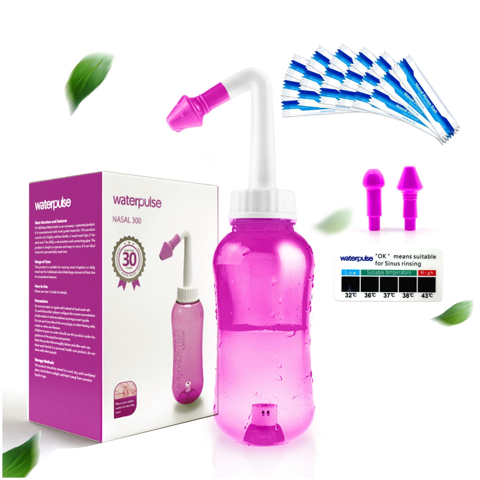 Waterpulse Neti Pot, Sinus Rinse Bottle 300ml, Nose Cleaner, Nasal Irrigation System with 30 Nasal Wash Salt Packets and Sticker Thermometer for Adult & Kid BPA Free(300ml,Pink)