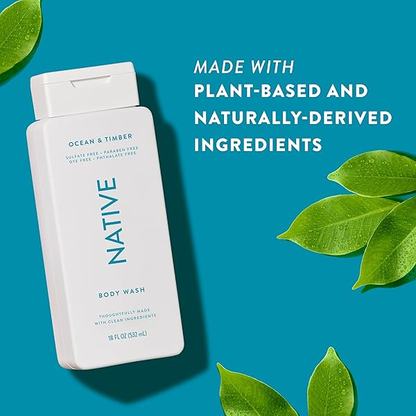 NATIVE BODY WASH CONTAINS NATURALLY DERIVED INGREDIENTS | FOR WOMEN & MEN, SULFATE, PARABEN, & DYE FREE LEAVING SKIN SOFT AND HYDRATED | OCEAN & TIMBER 18 OZ