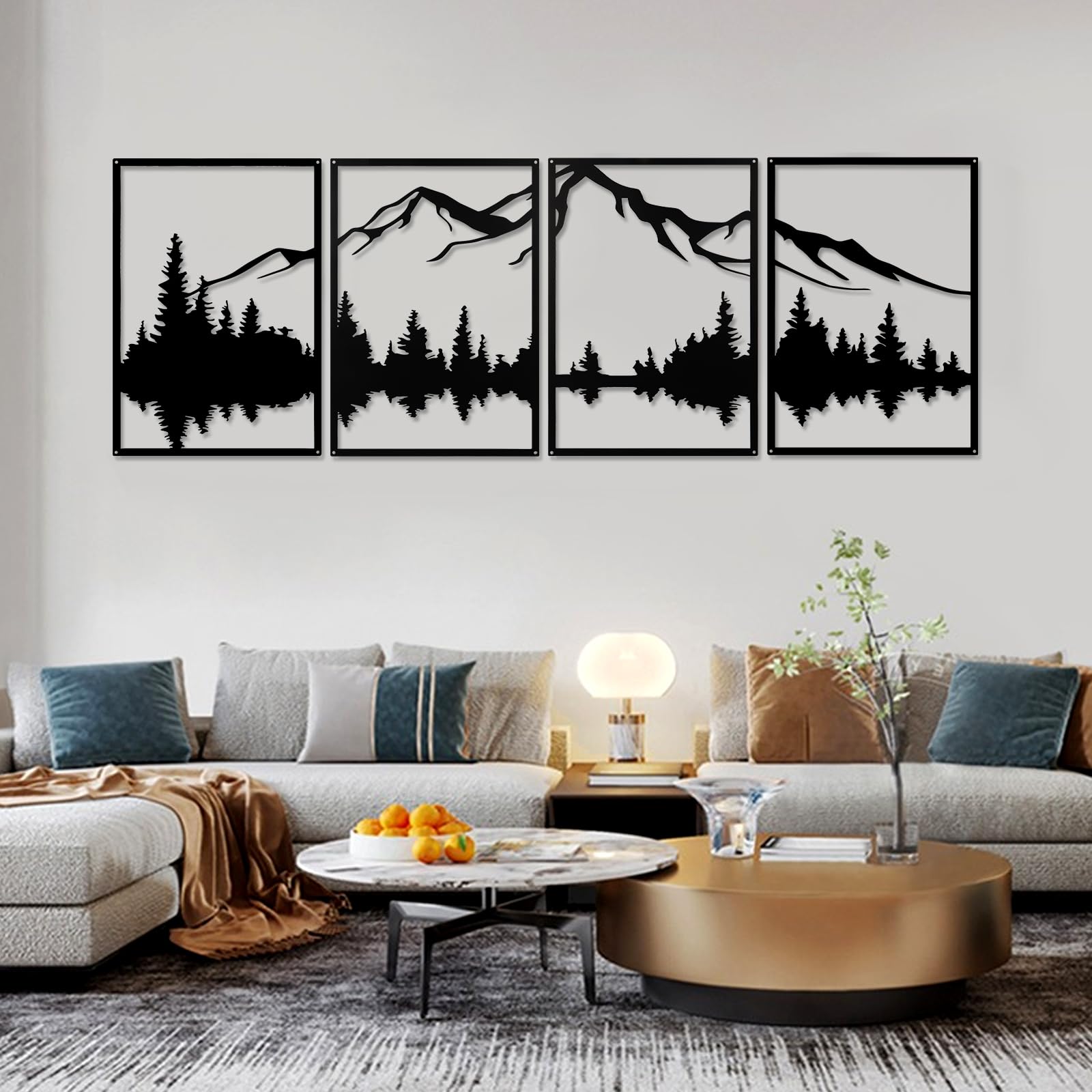 YiYa 4 Pcs Large Mountain Metal Wall Art - Forest Decorative Black Wall Decor - Vertical Sculptures for Home Living Room Bedroom