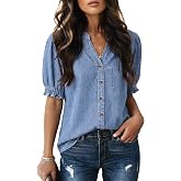 Dokotoo Women Denim Shirt Button Down Casual Short Sleeve V Neck Blouse Summer Tops