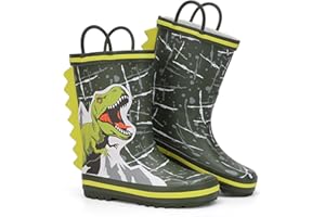 FUNCOO PLUS Toddler Rain Boots Kids Waterproof Rubber Boots for Boys and Girls with Handles in Fun Pattern