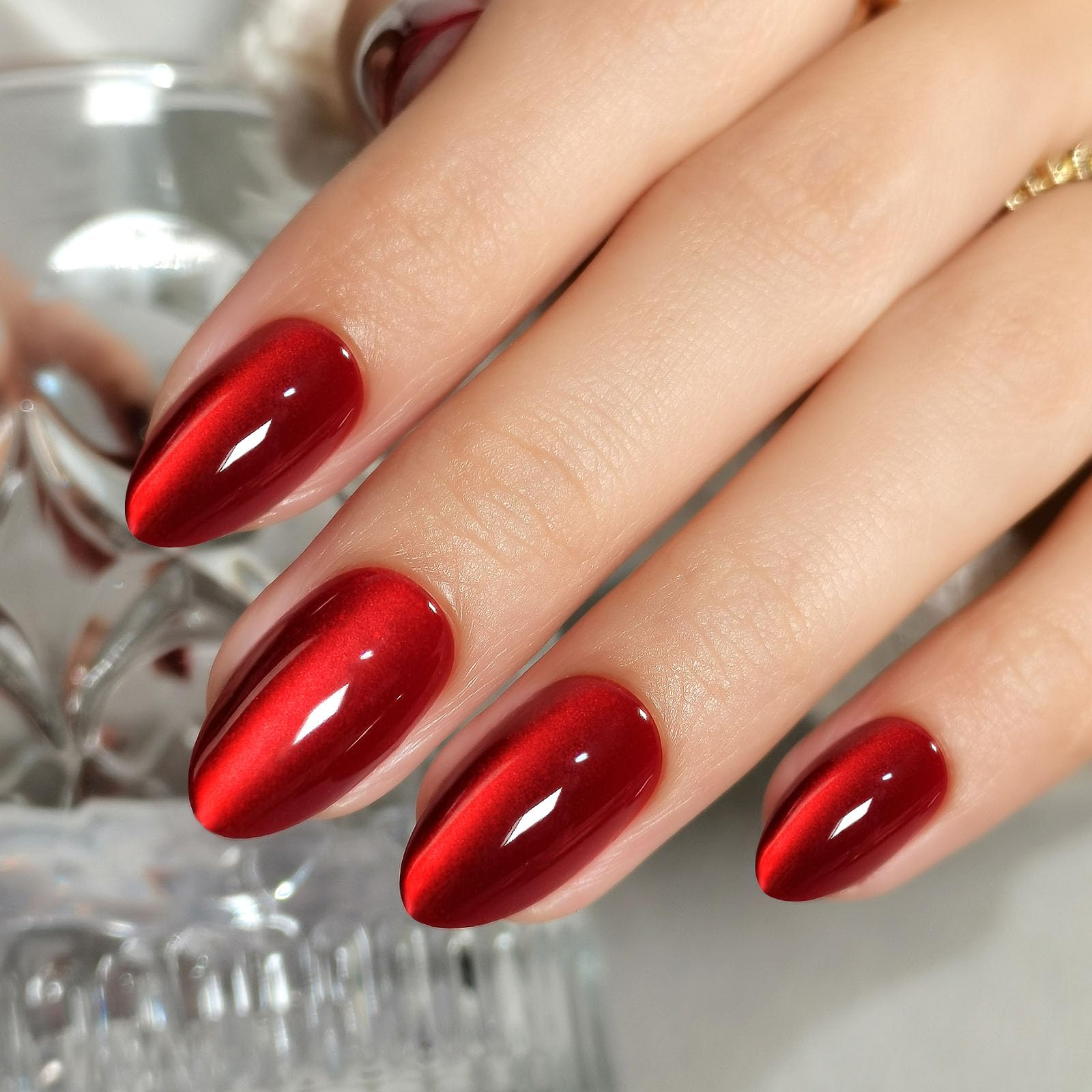 SHANGMENG Cat Eye Press on Nails Almond - Soft Gel Red Press on Nails Short for Women Gift, Fit Perfectly & Natural Stick on Nails with Glue in 16 Sizes - 32 Reusable Fake Nails, Wine Red - Image 8