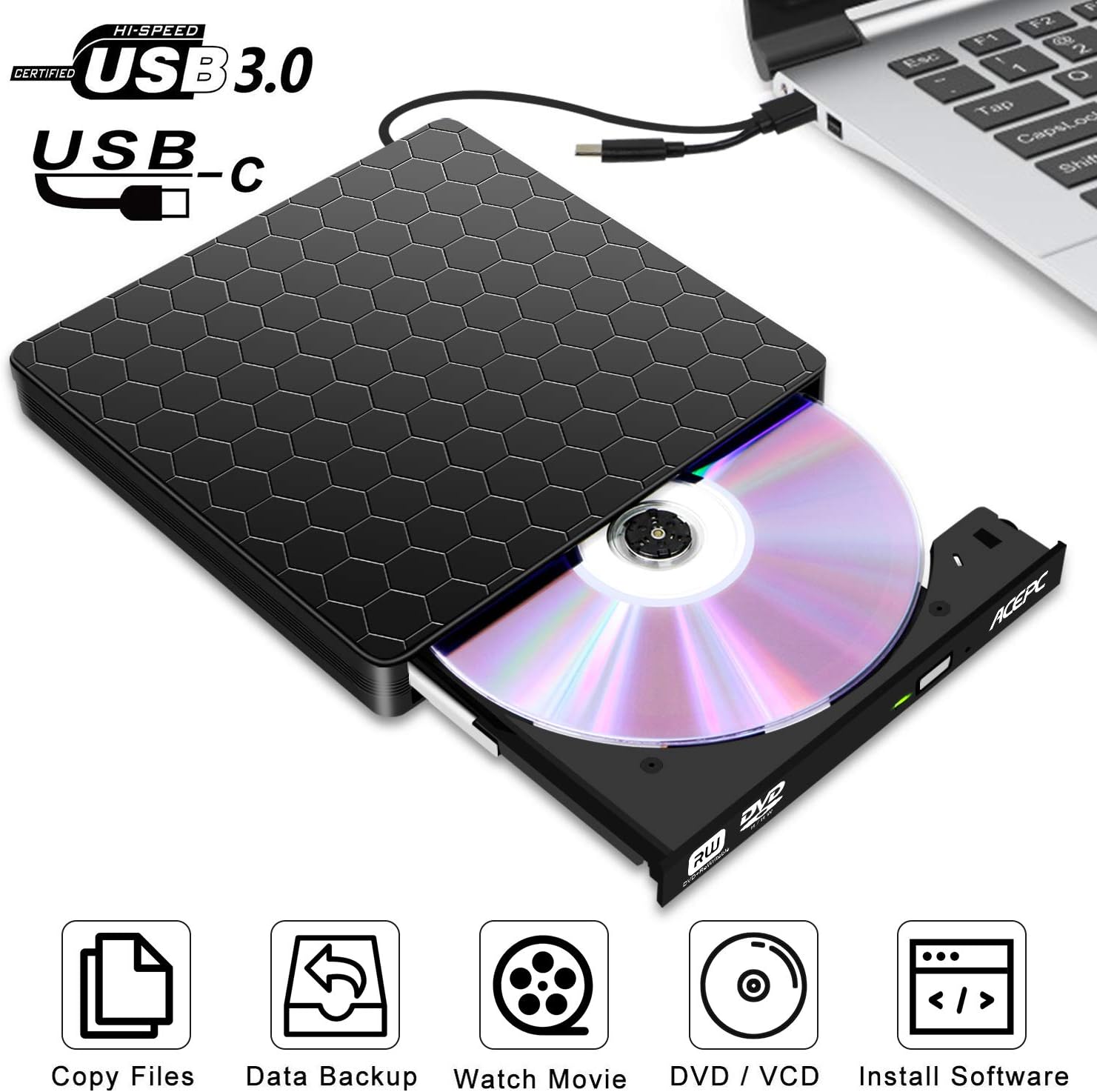 External Dvd Drive Acepc Optical Drive With Usb 3 0 Amp Usb C For Desktop Pc Laptop Superdrive External Cd Dvd Rw Burner Writer Optical Drive Support