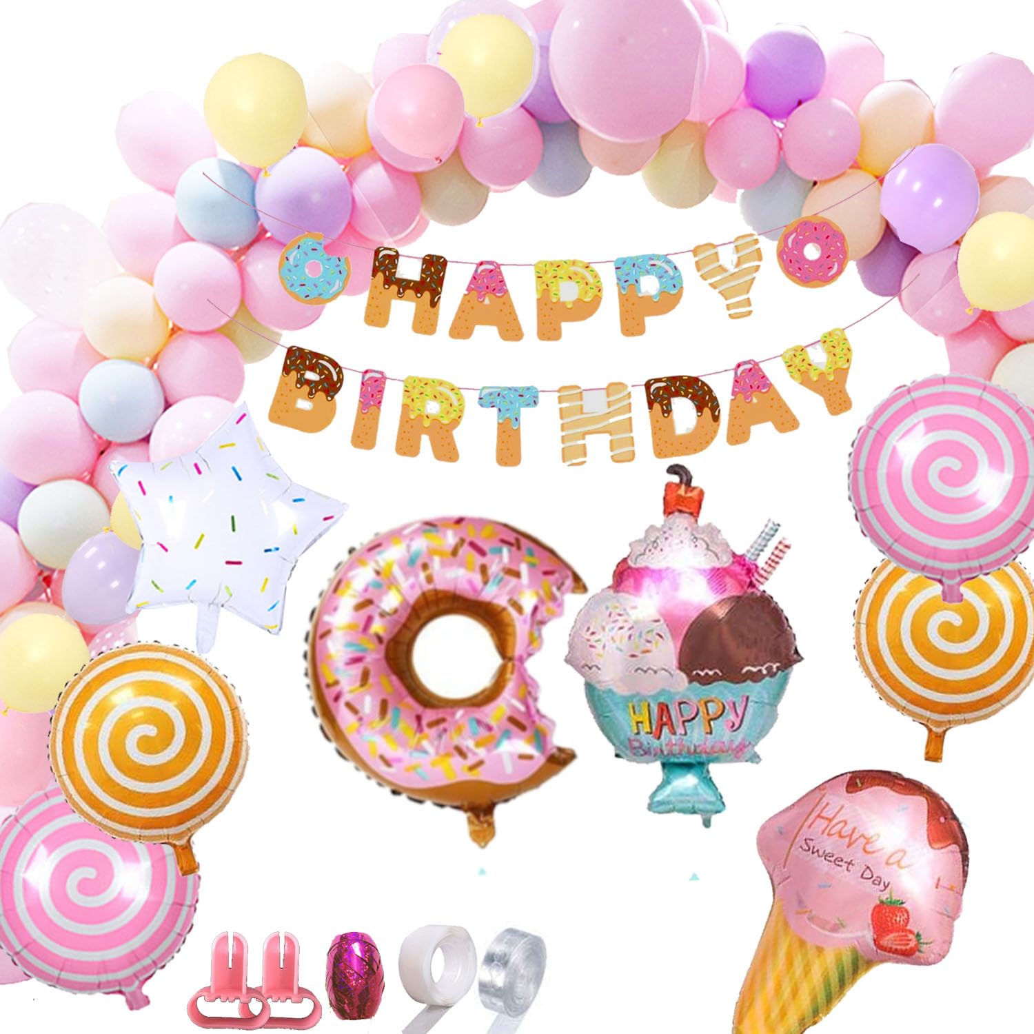 Candyland Birthday Party Decorations Donut Balloons Kids Girls Sweet Candy Themed Party with Happy Birthday Banner, Candy Ice Cream Donut Foil Tools for Kids Girls Women, Baby Shower