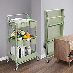 Foldable 3 Tier Rolling Cart, Metal Utility