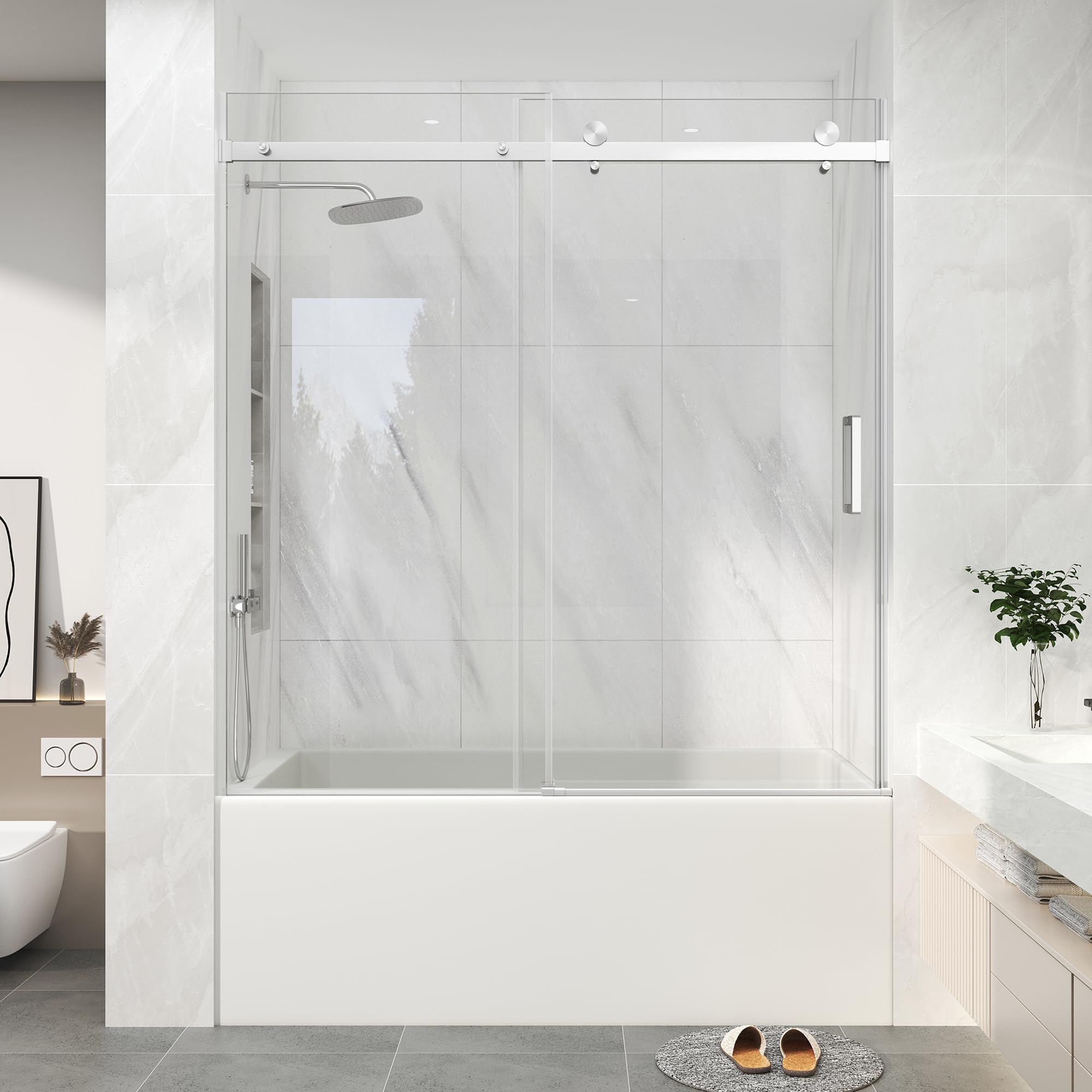 Photo 1 of KPUY Frameless Sliding Bathtub Door, 55-60" W x 60" H Tub Shower Door, 1/4" (6mm) Thick Tempered Clear Glass with Explosion-Proof Film Nano Coating, Brushed Nickel
