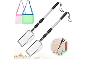 Mowouhn 2PCS Shark Teeth Sifter for Beach with 2 Seashell Bag,Beach Sand Sifter for Picking Up Shells,Sand Scoop Shell Scooper for Beaches with Retractable Long Handle,Shark Tooth Sifters Dipper