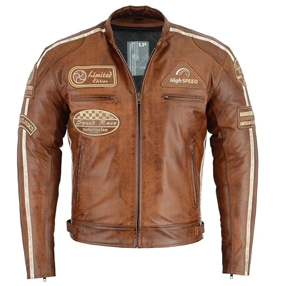 Herren Retro Biker Lederjacke Motorrad Jacke Race Streifen Rockerjacke Chopper 5Xl