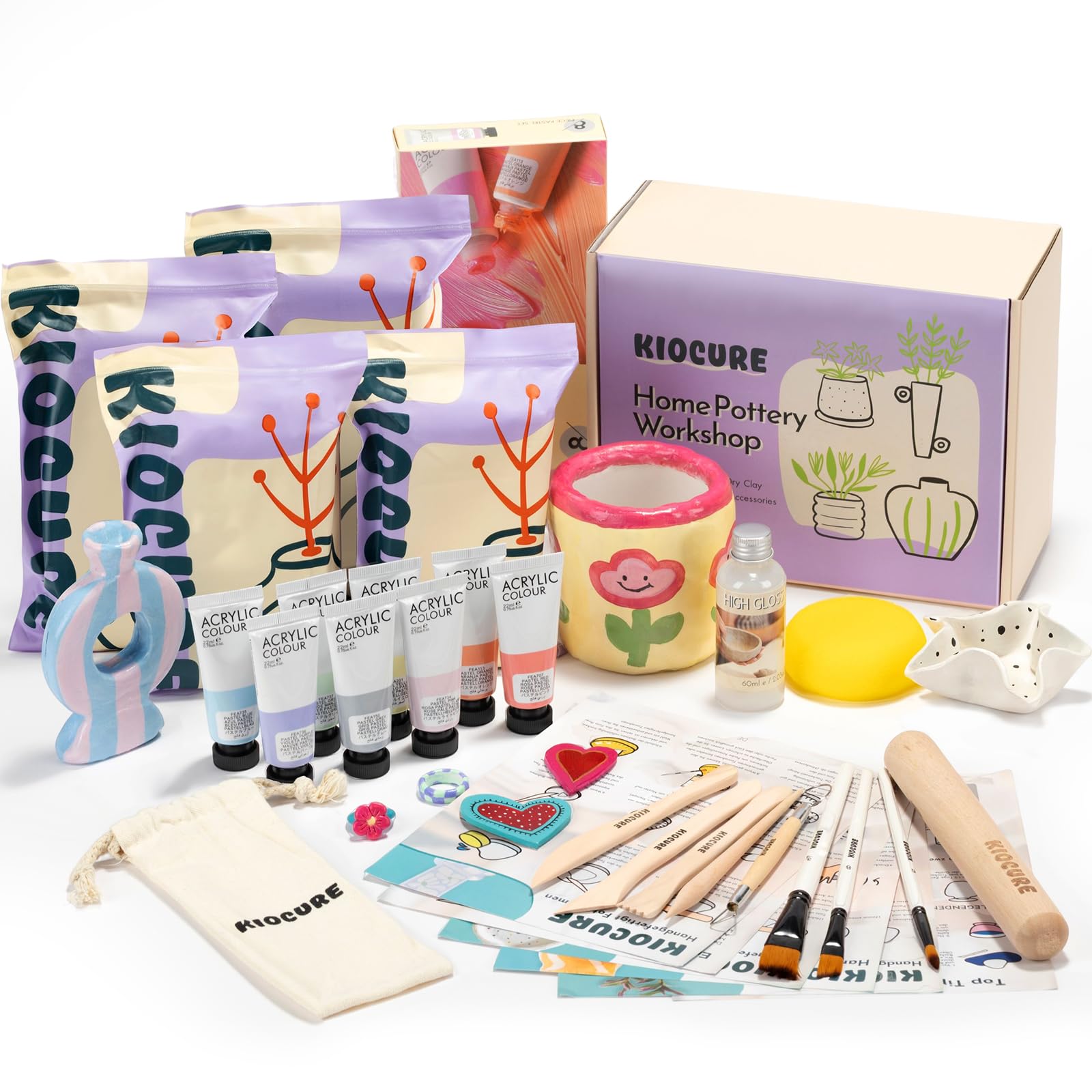 Kiocure Pottery Set for Home Pottery Set: Clay for Pottery Air-Drying for Adults & Children, DIY Set Adult Clay Set with Modelling Tool, Acrylic Paints, Pottery Home for Beginners