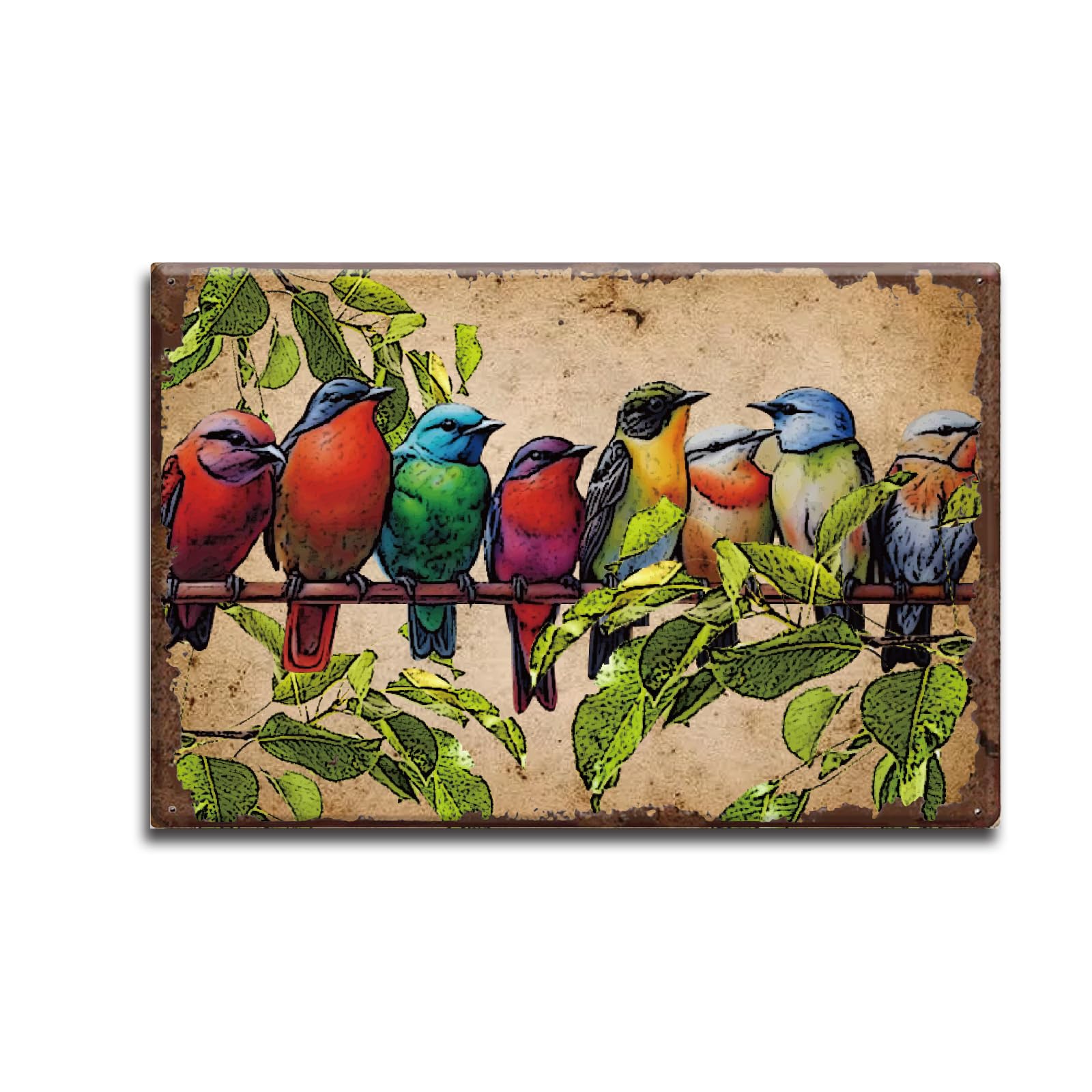 SUPERDANT Vintage Colorful Birds Metal Tin Sign Birds on Branch Wall Art Tin Painting Plaque Poster Old Fashion Aluminum Sign Livingroom Home Bedroom Bathroom Decor