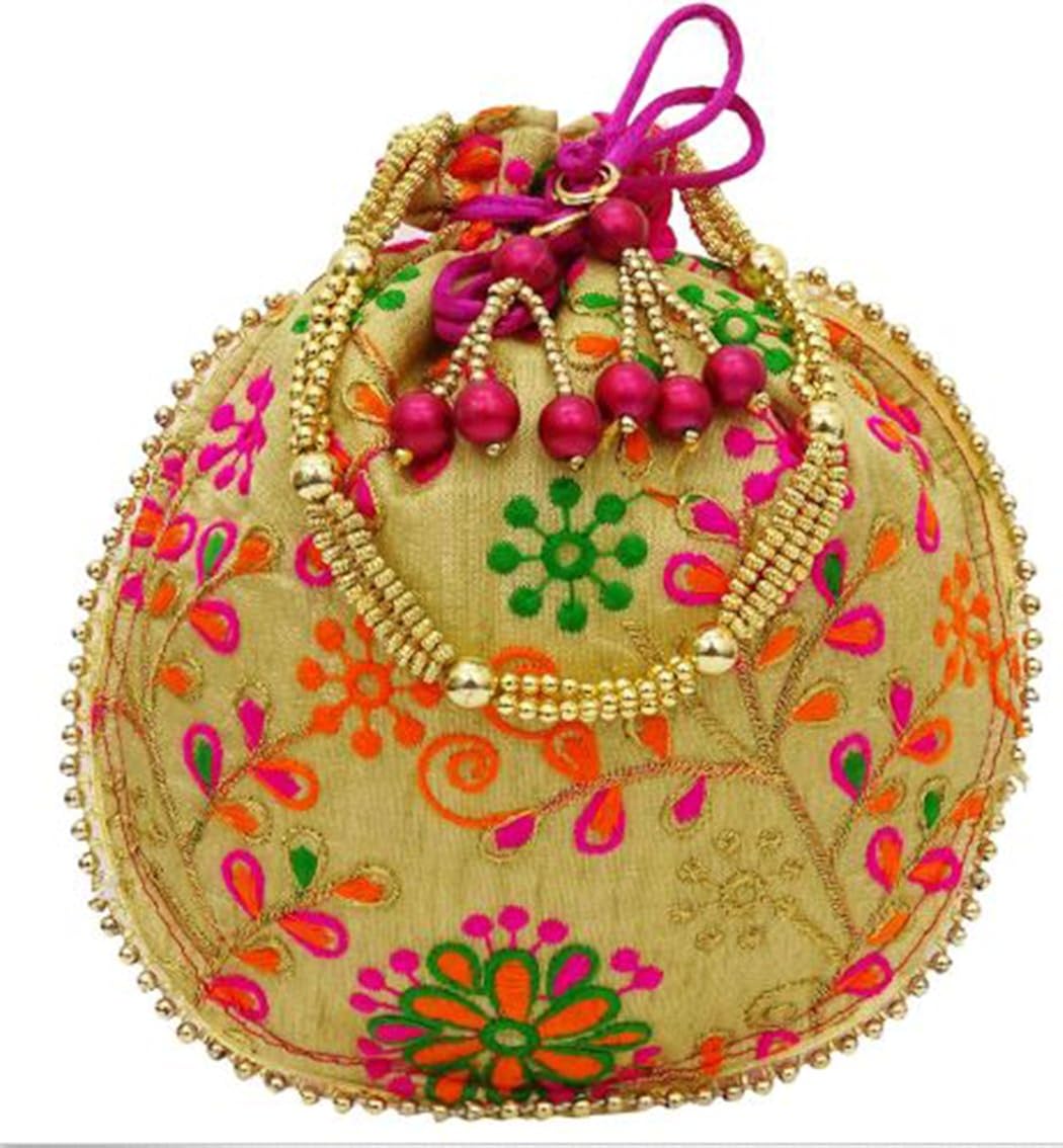 dms retail designer multi colred embroidered silk potli bag ethnic clutch batwa bag with metal beadwork and pearl drawstings clutch hand bag purse for women