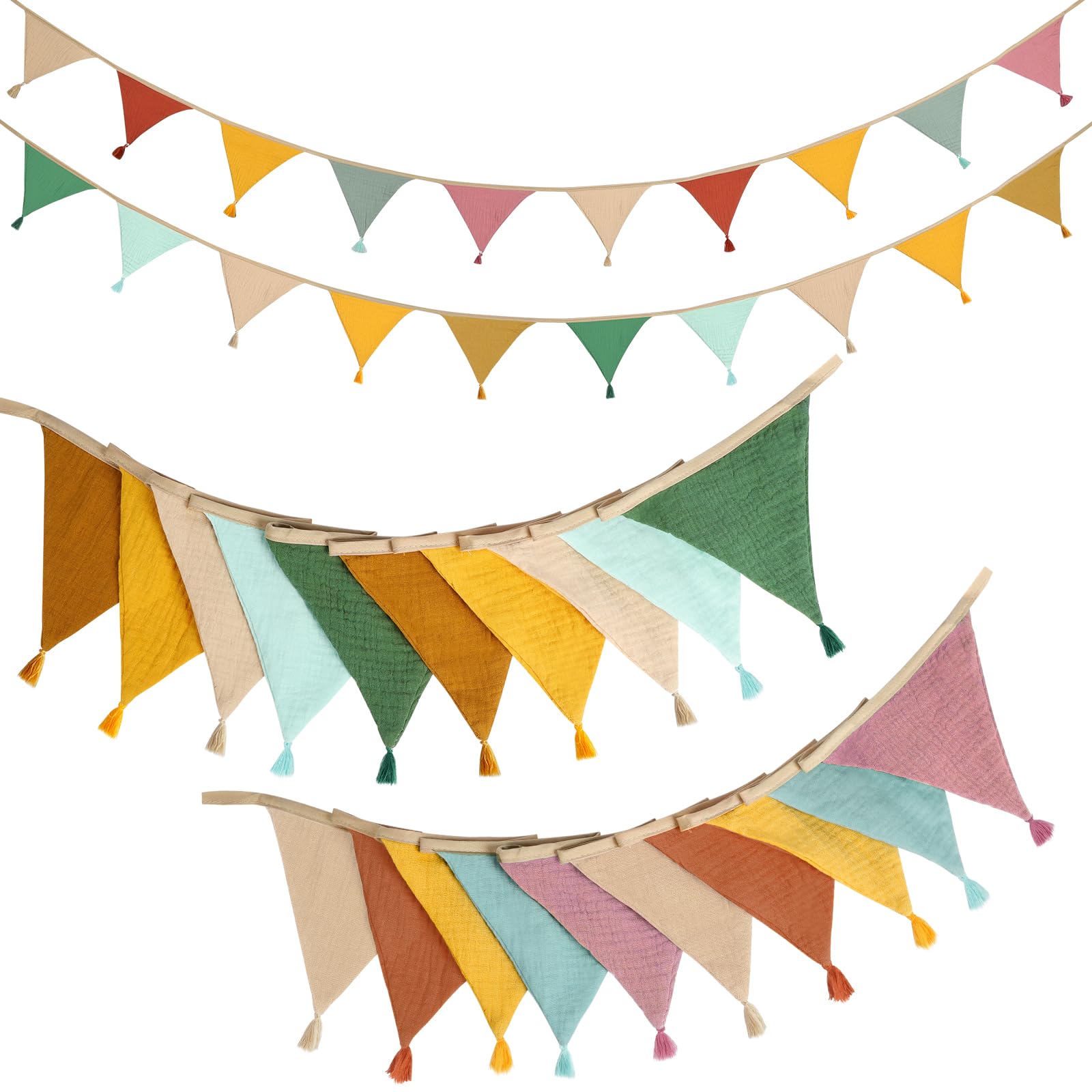 Alaoo Fabric Bunting Banner, 2Pcs 2.6M Triangle Garland Flags with Tassels, Double Sided Colorful Cotton Bunting for Birthday, Wedding, Baby Shower, Indoor Activity Party Decoration (Tassel)