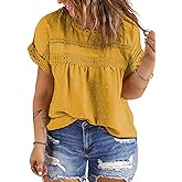Eytino Women Plus Size Tops Crewneck Short Sleeve Lace Crochet Loose Casual Summer Blouses Shirts(1X-5X)