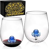3D Octopus Decor Handblown Drinking Stemless Wine Glasses, Set of 2 with Cute Blue Octopu Inside, Mothers Day Gifts, Nautical Themed Unique Wine Glass Cups for Birthday Wedding Party (14oz)
