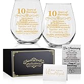 Perfectinsoy 10 Years of Marriage Wine Glasses Set of 2 with Metallic Memorial Card, 10th Birthday Wedding Gifts for Mom, Dad, Wife, Soulmate, Couple, Funny 10 Years Milestone Gift, Wedding Gift