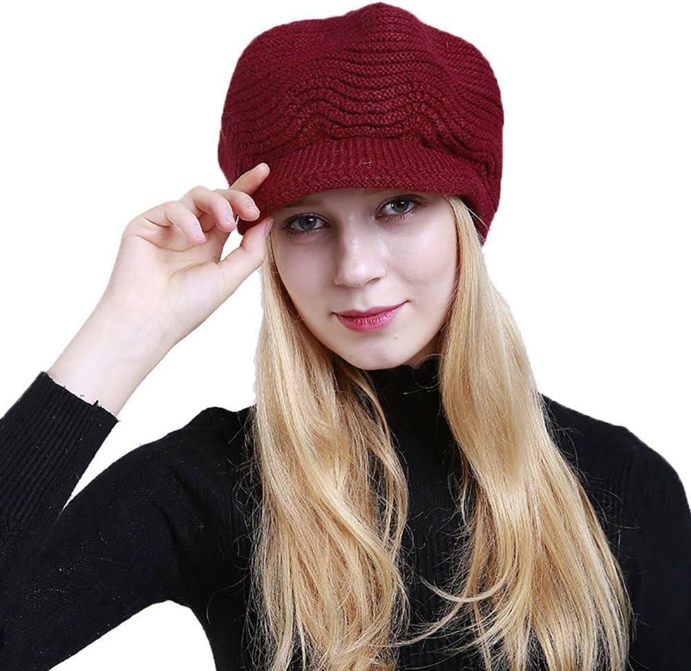 DOLDOA Womens Hat Winter Plus Velvet Solid Warm Crochet Wool Knitted Fashion Manual Caps with Visor