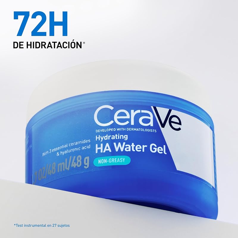 Water Gel Hidratante Ácido Hialurónico de CeraVe para una hidratación con efecto PLUMP, con 3 ceramidas idénticas a las de la piel, ácido hialurónico, niacinamida y cobre PCA, 48g