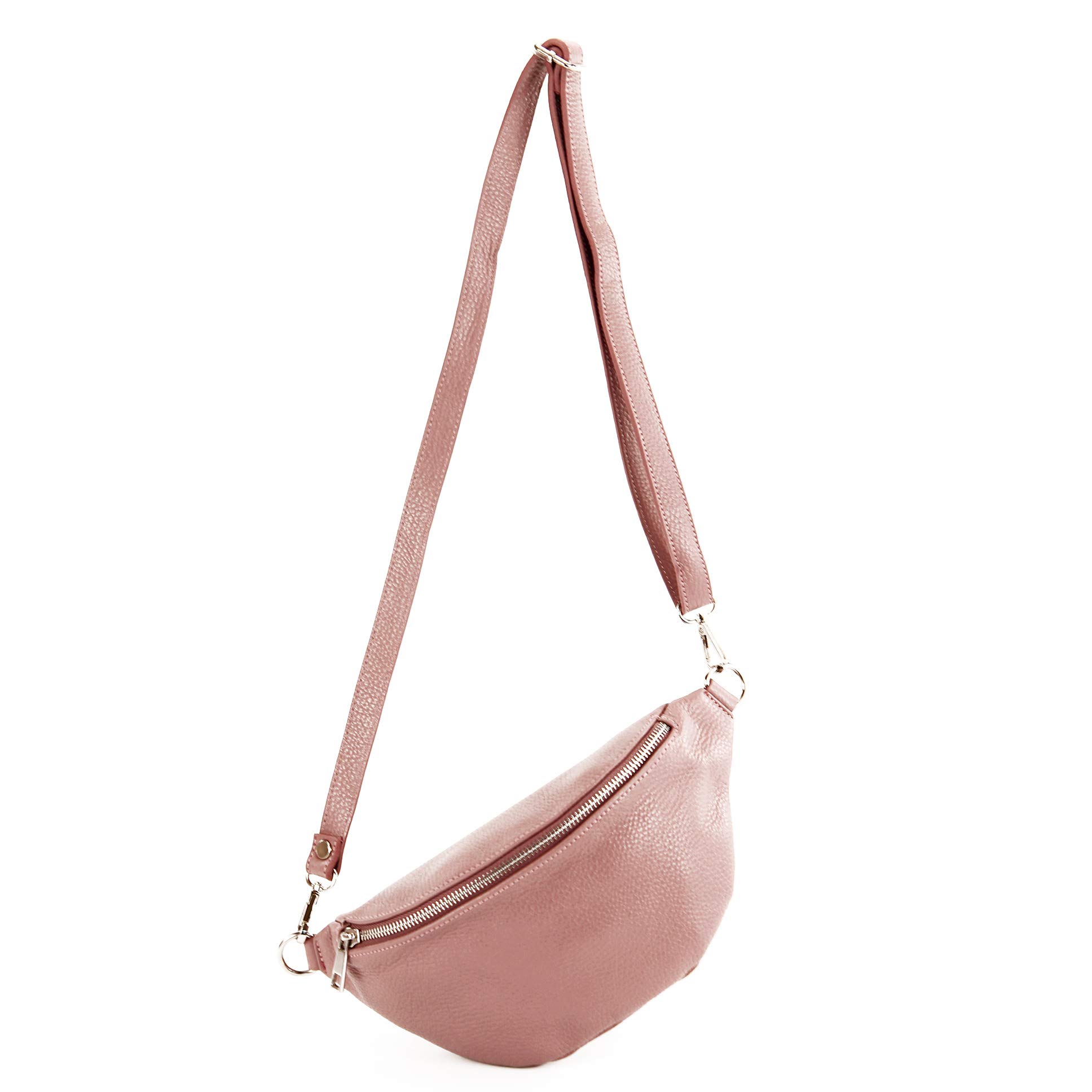 modamoda de - T211 - Italian Waist Bag, Bum Bag, Chest Bag, Medium Made of Soft Leather, Antique Pink, Small