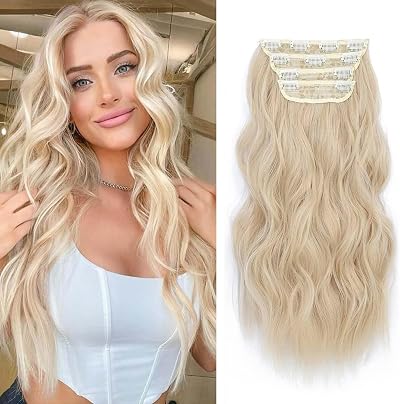 Fine Plus Clip In Hair Extensions 20 Inch Bleach Blonde Wavy 4Pcs Weft