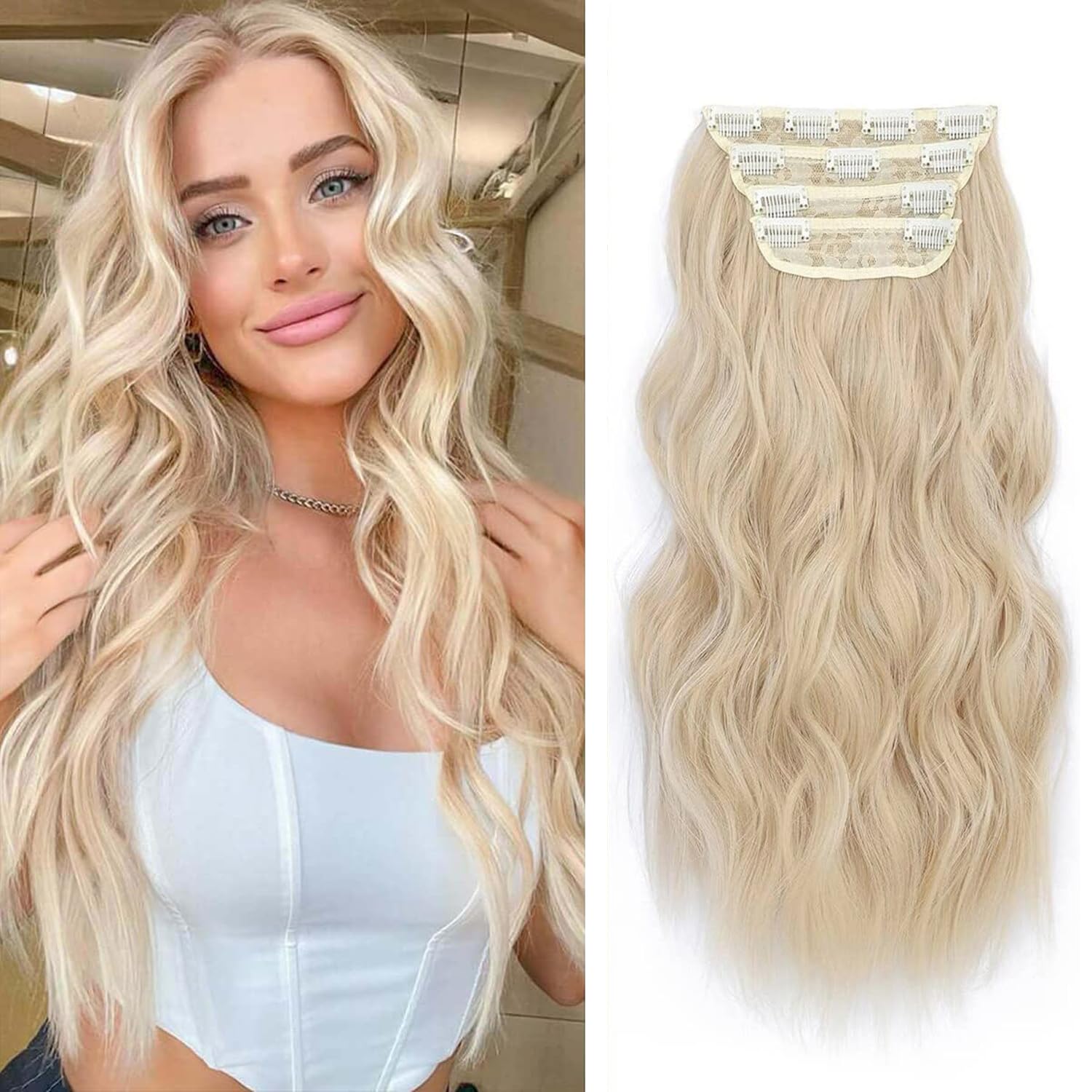 Fine Plus Hair Extensions Clip In 20Inch Long Wavy Hair Extensions 4Pcs Synthetic Hairpieces Seamless Invisible for Daily Use & Any Occasions Weft for Natural Volume - Bleach Blonde — image 1