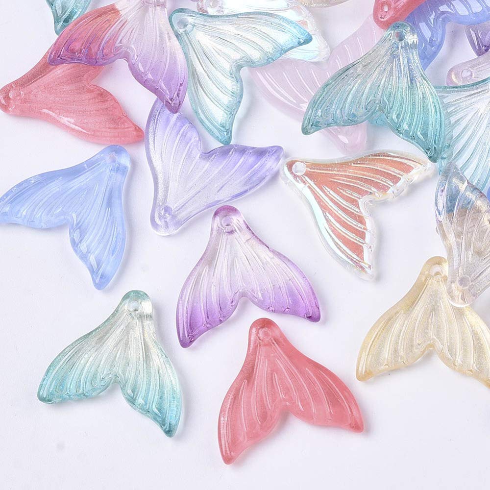 DanLingJewelry 100Pcs Random Colors Mermaid Fishtail Transparent Glass Charms Mermaid Tail Crystal Glass Pendants for Jewellery Making