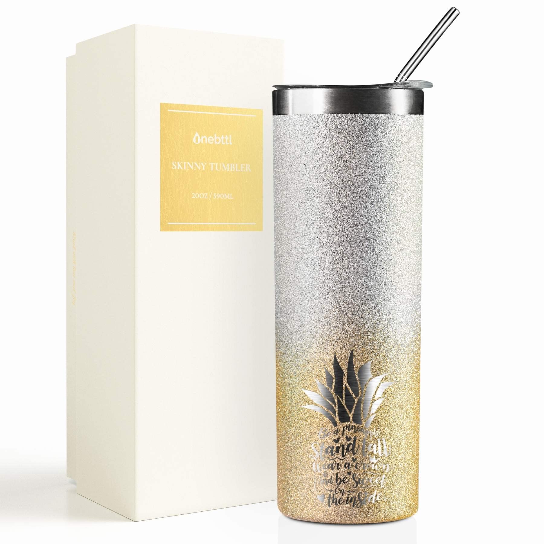 View 1 of **FACTORY SEALED** Onebttl Pineapple Glitter Tumbler - Stand Tall, Wear a Crown, Always Be Sweet - 20oz/590ml Stainless Steel Insulated Tumbler - Pineapple Gifts for Women and Lovers - Gold-Silver Gradient