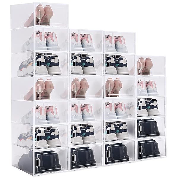CROBLISSFUL 24 PACK LARGE SHOE STORAGE BOX FIT SIZE 10 SOFT PLASTIC CLOSET CLEAR SHOE ORGANIZER WITH LIDS, DETACHABLE STACKABLE CONNECTABLE HORIZONTALLY VERTICALLY FOLDABLE SNEAKER STORAGE BIN
