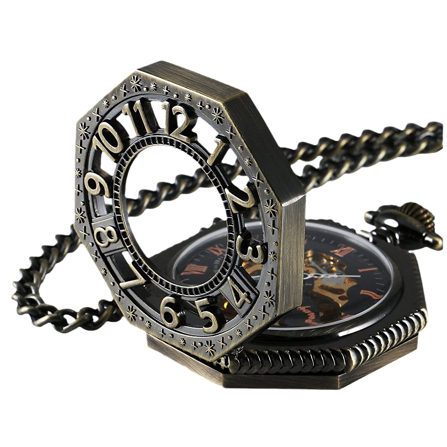 Carrie Hughes Men's Pocket Watch, Vintage Railroad Mechanical Hand Winding Pocket Watch with Chain, Bronze Numerals Octagon Steampunk Pocketwatch, Lucky Gifts for Men CHPW02