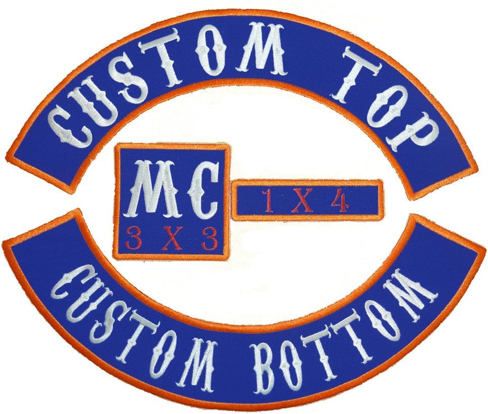 USA PrintwearUSA Printwear 4 PC Embroidered Motorcycle Patches |13" Top and Bottom Rocker Patches, 1x4" Name Tag, 3" Square | Full Arch Style Biker Patches (Blue)