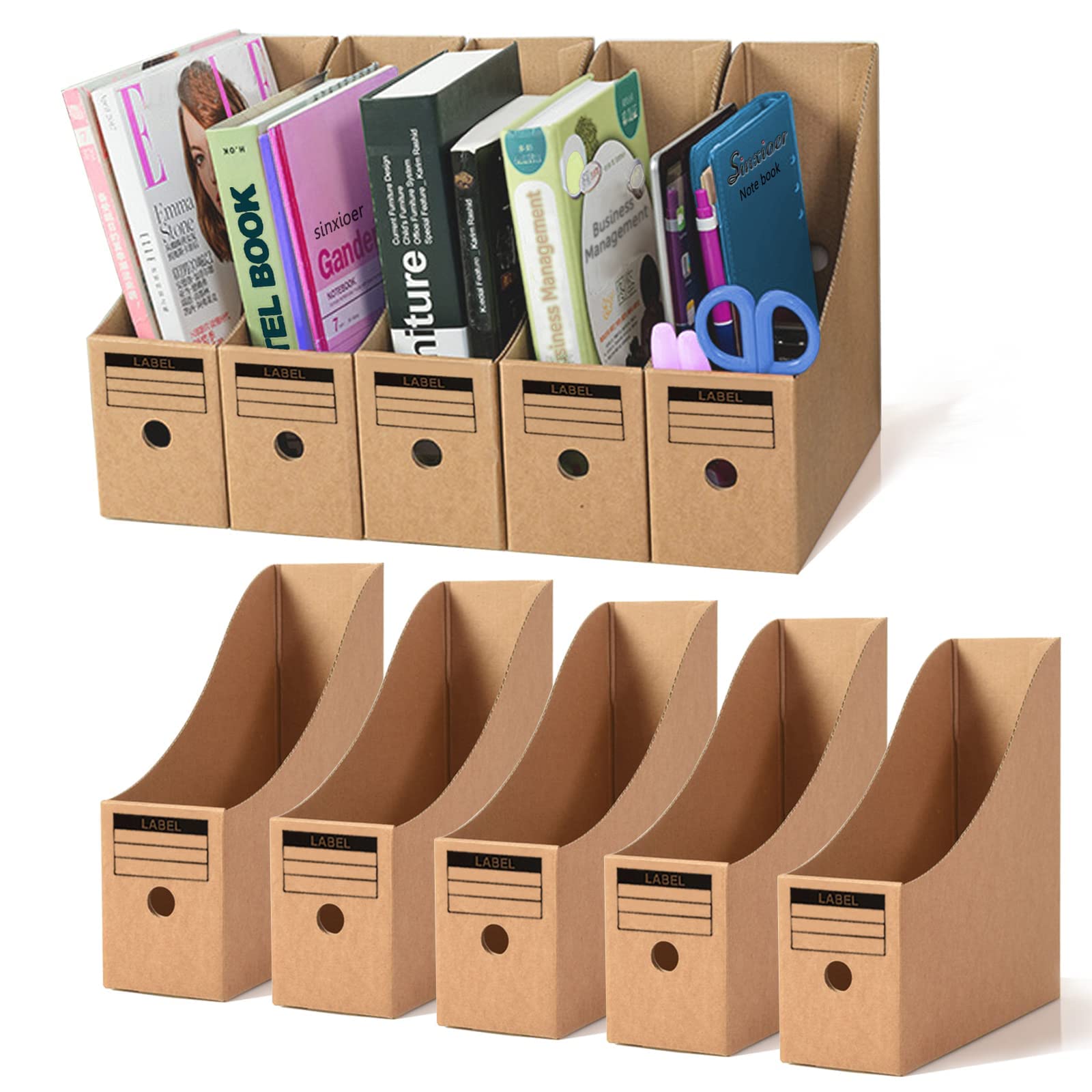 Sinxioer Magazine Files A4 Wide,10Pcs Magazine File Holder, Rack Cardboard Desk Organiser with Labels, A4 Kraft Paper Document Filing Box for School Office Desktop File Paper Divider Storage