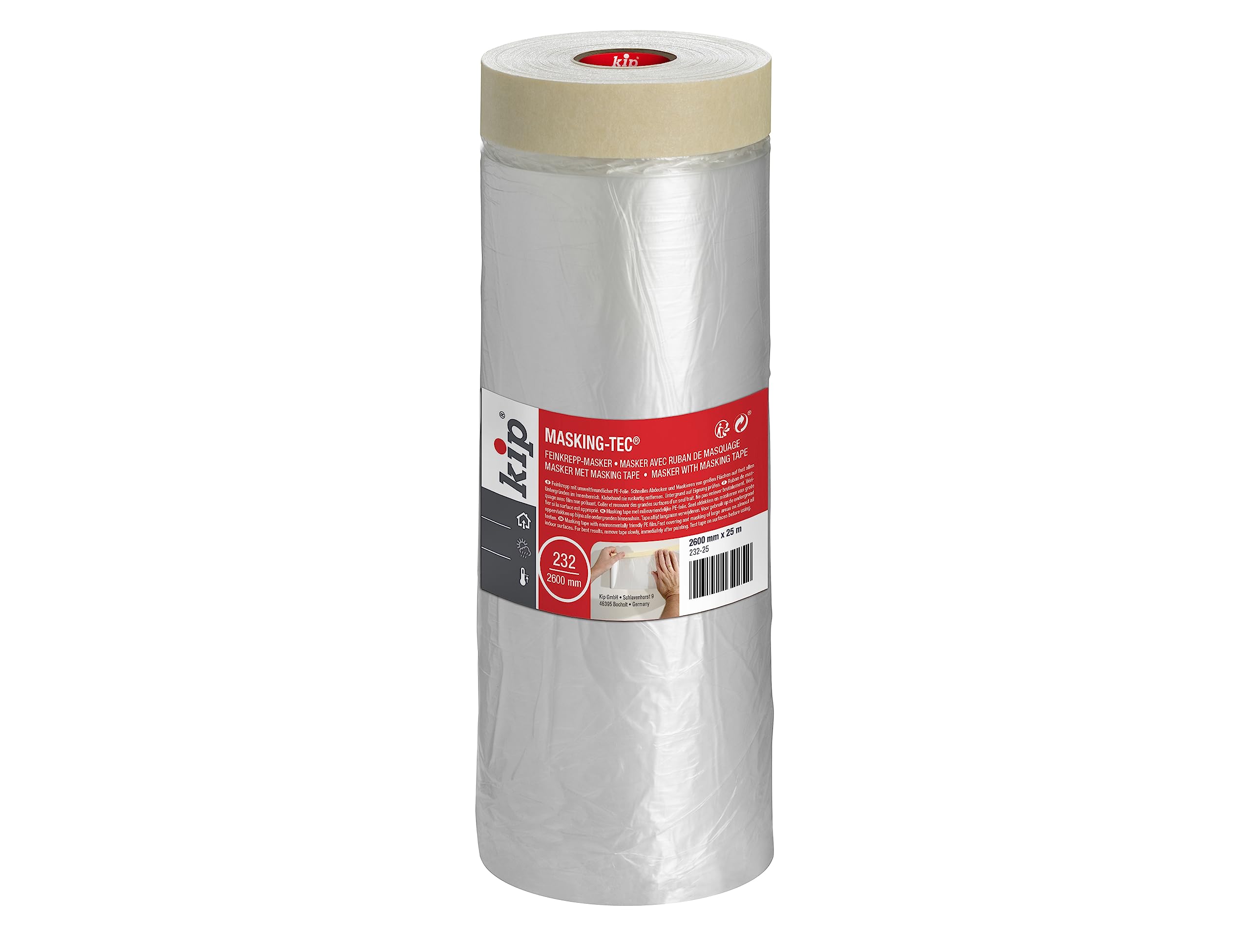 Kip Drop Cloths Pre-Taped Painters Masking Film 2600mm x 25m, Masker Masking Tape with Plastic Sheet, Drape for Spraying, Covering, Suitable for Decorating, Automotive, Windows Dust & Paint Protection