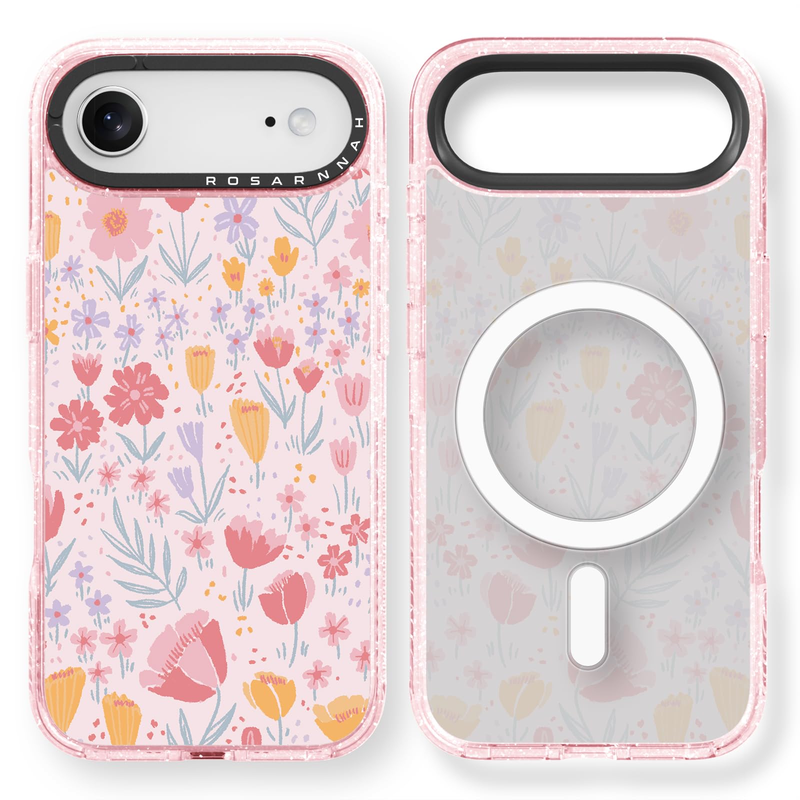 Rosarnnah for iPhone Air Case Cute - Compatible with Magsafe - Durable Shockproof 6.6 ft Drop Impact Phone Case - Funny Pink Floral Design (6.5") Glitter Pink