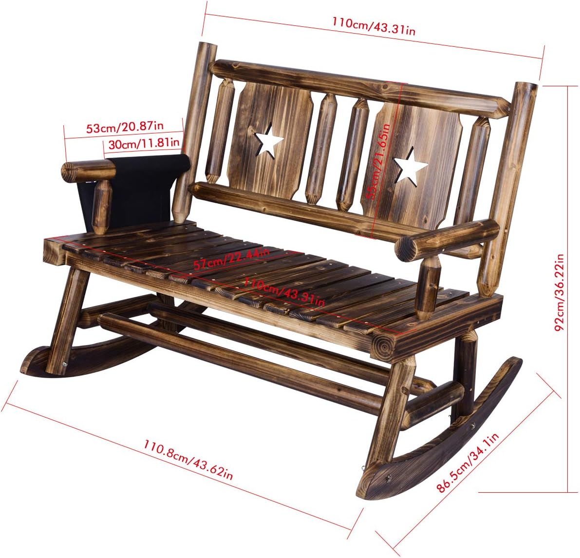 Outdoor Rocking Chair (Double) - Porch Rustic Rocker with Armrest Storage Bag - Brown: Kitchen & Dining