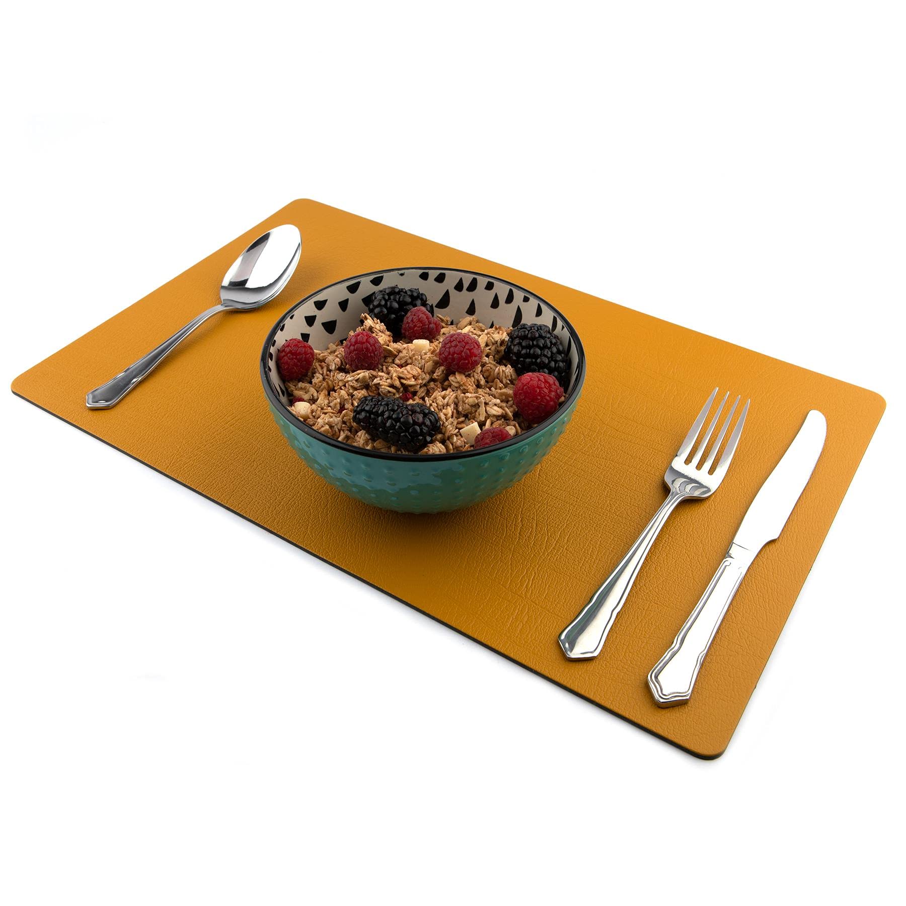 Sets of 8 Large Mustard Yellow Recycled Leather Placemats (42cm x 26.5cm). Made in The UK by Lara-May.