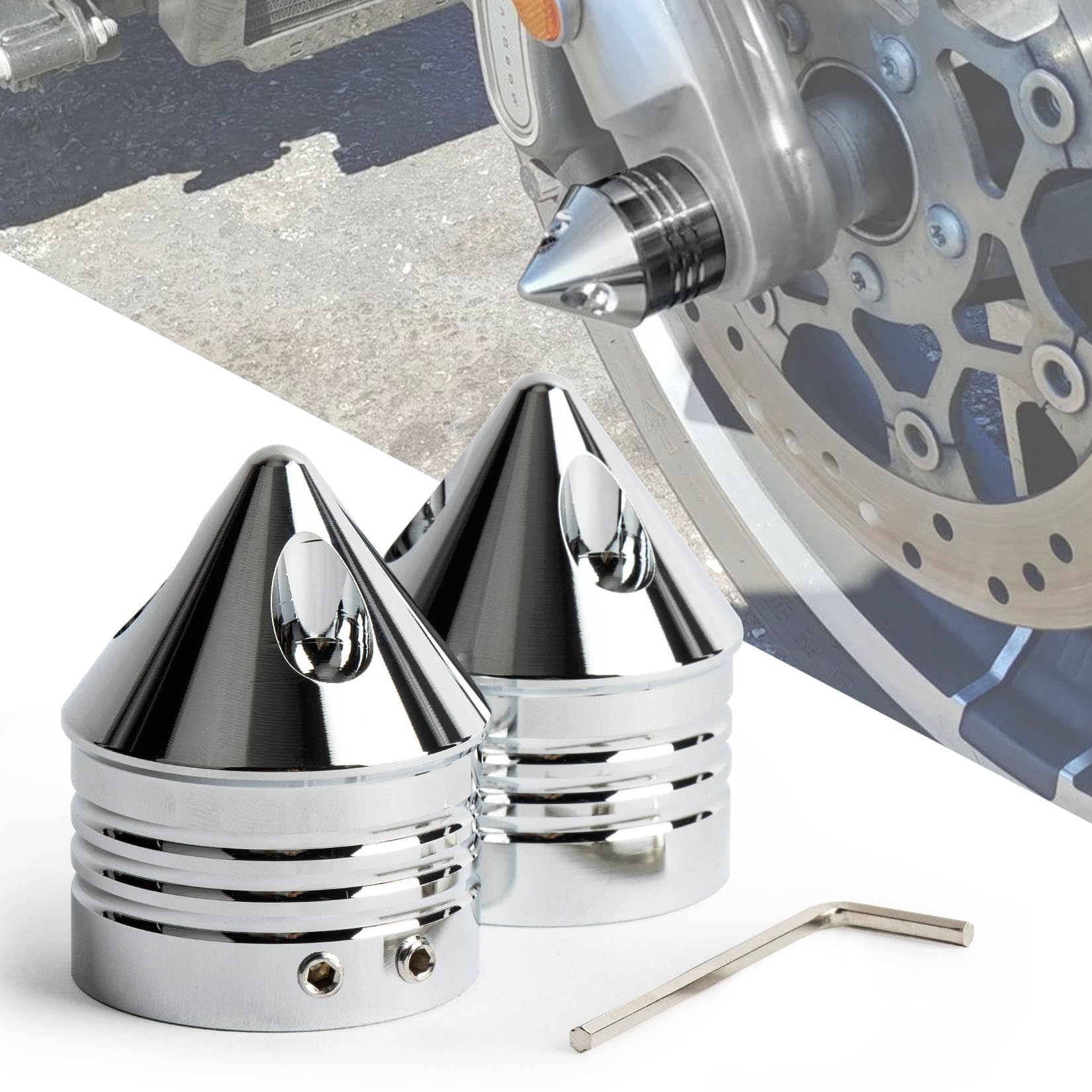 Photo 1 of Front Axle Caps, PSLER Motorcycle Front Axle Nut Cover Cap for Softail Road King Street Electra Glide Iron 883, CNC Aluminum, Chrome