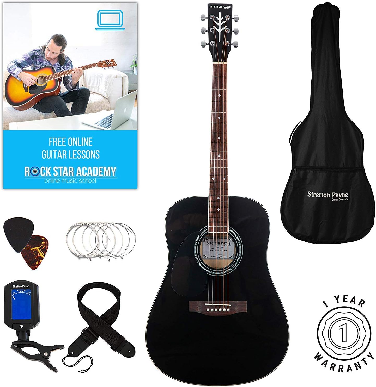 Stretton Payne LEFT HANDED D1 Road Worn - Grade AB - Full Sized Steel String Dreadnought Acoustic Guitar D1 Black