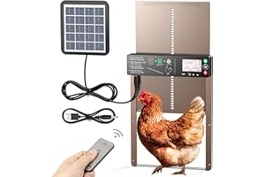NYPOTS Automatic Chicken Coop Door Solar Powered with Timer & Light Sensor Setting, Remote Control Electric Chicken Coop Door Anti-Pinch Design, Solar Panel, USB to DC & AA Batteries Various Charging Modes