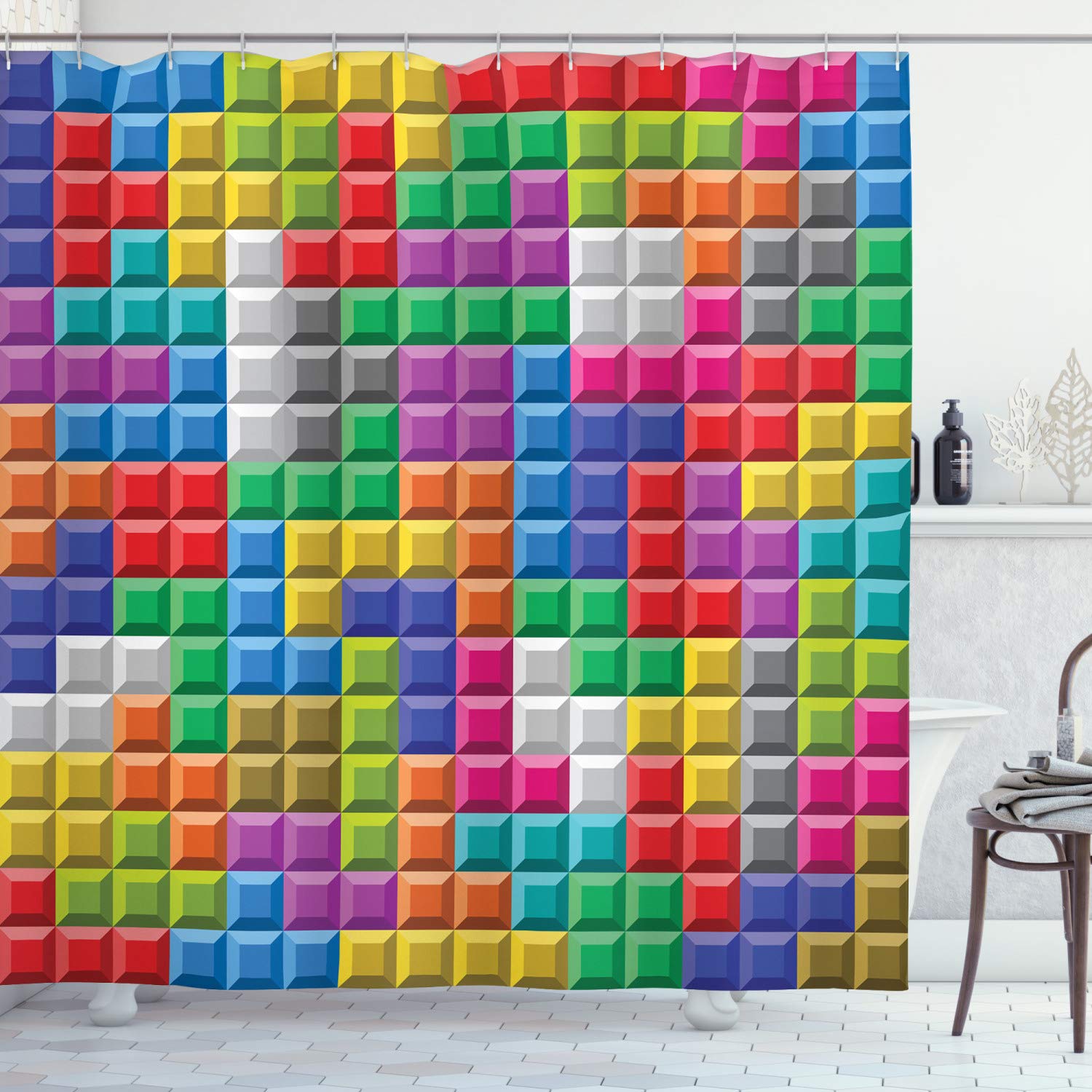 ABAKUHAUS Video Games Shower Curtain, Colorful Retro Gaming Computer Brick Blocks Image Puzzle Digital 90's Play, Cloth Fabric Bathroom Decor Set with Hooks, 94 Inches, Multicolor