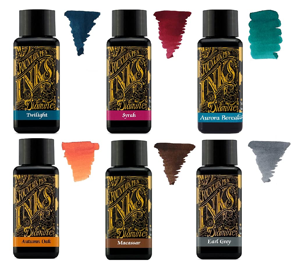 Diamine - 30ml Fountain Pen Ink - Colour Wheel - 6 x Bottles - Autumn Oak, Syrah, Macassar, Earl Grey, Aurora Borealis, Twilight
