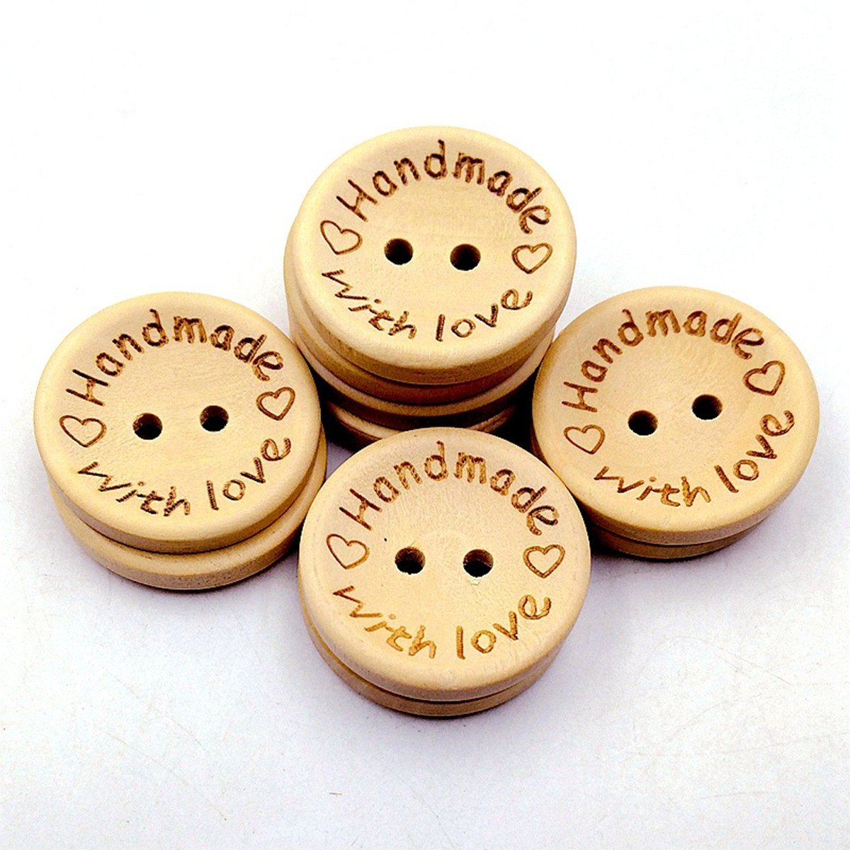 Yunjia 100pcs Natural Wooden Handmade with Love Round Crafts Decor with 2 Holes DIY Crafts Wooden Sewing Buttons,20MM