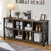 FATORRI 8 Cube Storage Organizer Bookshelf, 62 Inch Rustic Wood Horizontal Bookcase, Industrial Cube Long Book Shelf for Living Room (Walnut Brown)