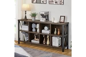 FATORRI 8 Cube Storage Organizer Bookshelf, Rustic Wood Cubby Bookcase, Industrial Horizontal Long Shelf for Living Room (Walnut Brown, 62 Inch)