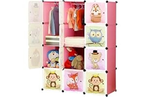 BRIAN & DANY Portable Cartoon Clothes Closet DIY Storage Organizer, Sturdy and Safe Wardrobe for Children and Kids, 8 Cubes&2 Hanging Sections, 30% Deeper Than Standard Version, Pink