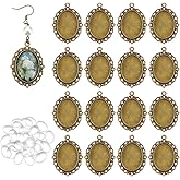 PH PandaHall 60pcs Pendant Tray Kit, 30pcs Oval Pendant Blank Bezels Antique Bronze Trays Bases, 30pcs 25x18mm Clear Glass Cabochons for Wedding Bouquet Graduation Cameo Memorial Photo Charm