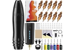 RHEIN Tattoo Kit Tattoo Gun Machine Kit with 1600mAh Battery 10Pcs Tattoo Cartridge Needles 7 Inks for Artists and Beginners 