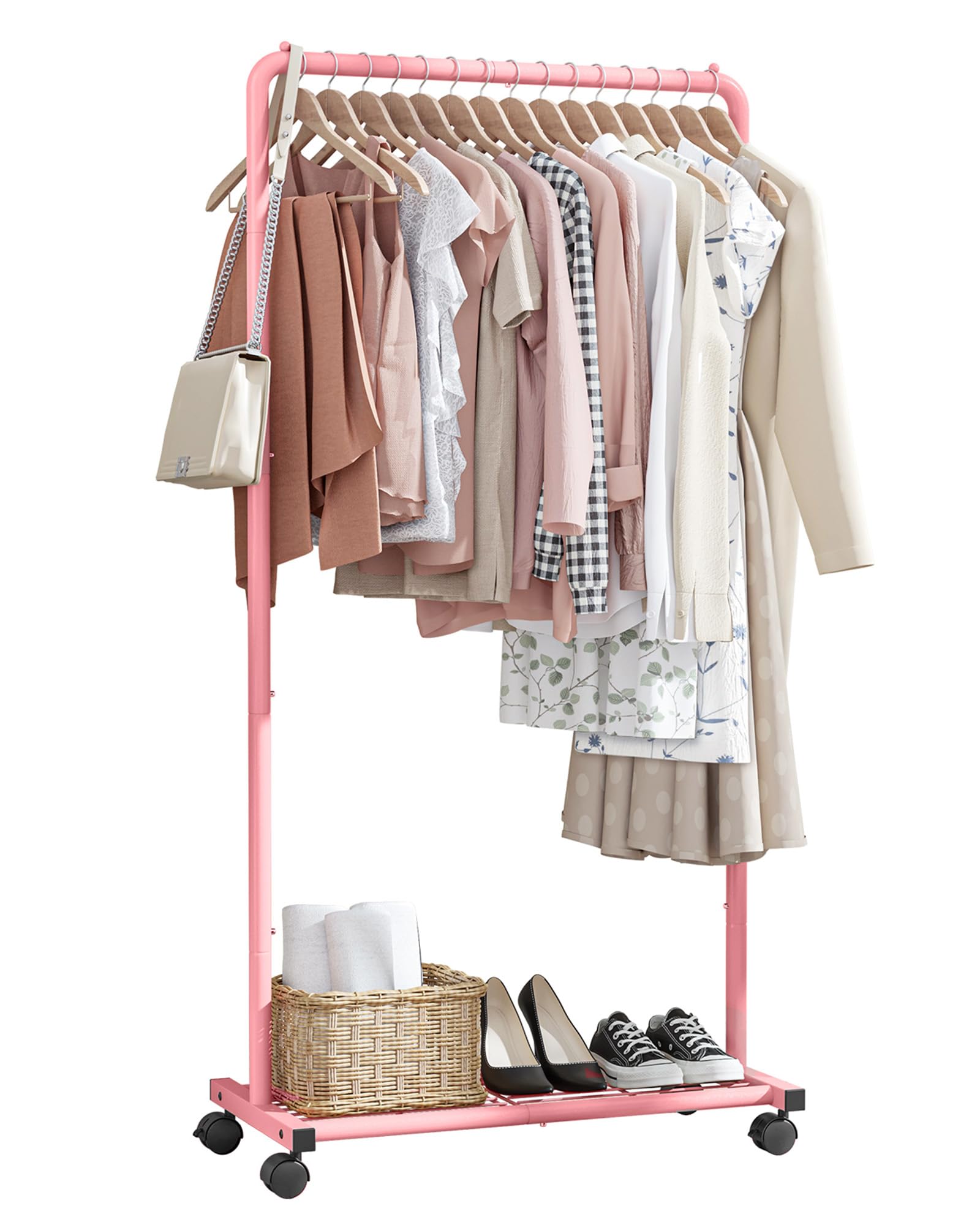 Photo 1 of Sakugi Clothes Rack - Clothing Rack with Storage Mesh Shelf & Casters, Heavy-Duty Metal Clothing Rack for Hanging Clothes, Dresses, Coats, Large Load Capacity, Easy Assembly, Pink, 28.0"x14.0"x59.0"