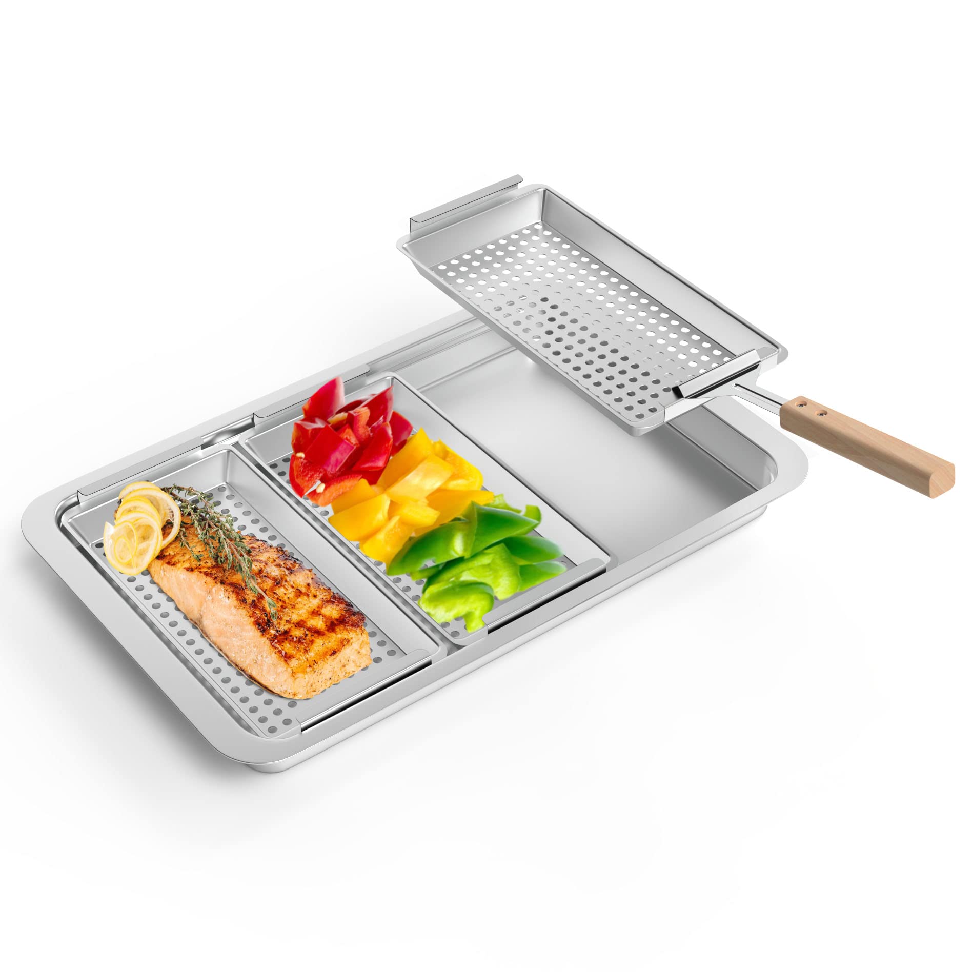 WELL GRILL 3 in 1 Vegetable Grill Baskets Set, Universal Stainless Steel Grilling Basket for Fish Veggies & Meats, Fit for Weber, Kamado, Outback, Char-Broil, Brinkmann, Uniflame