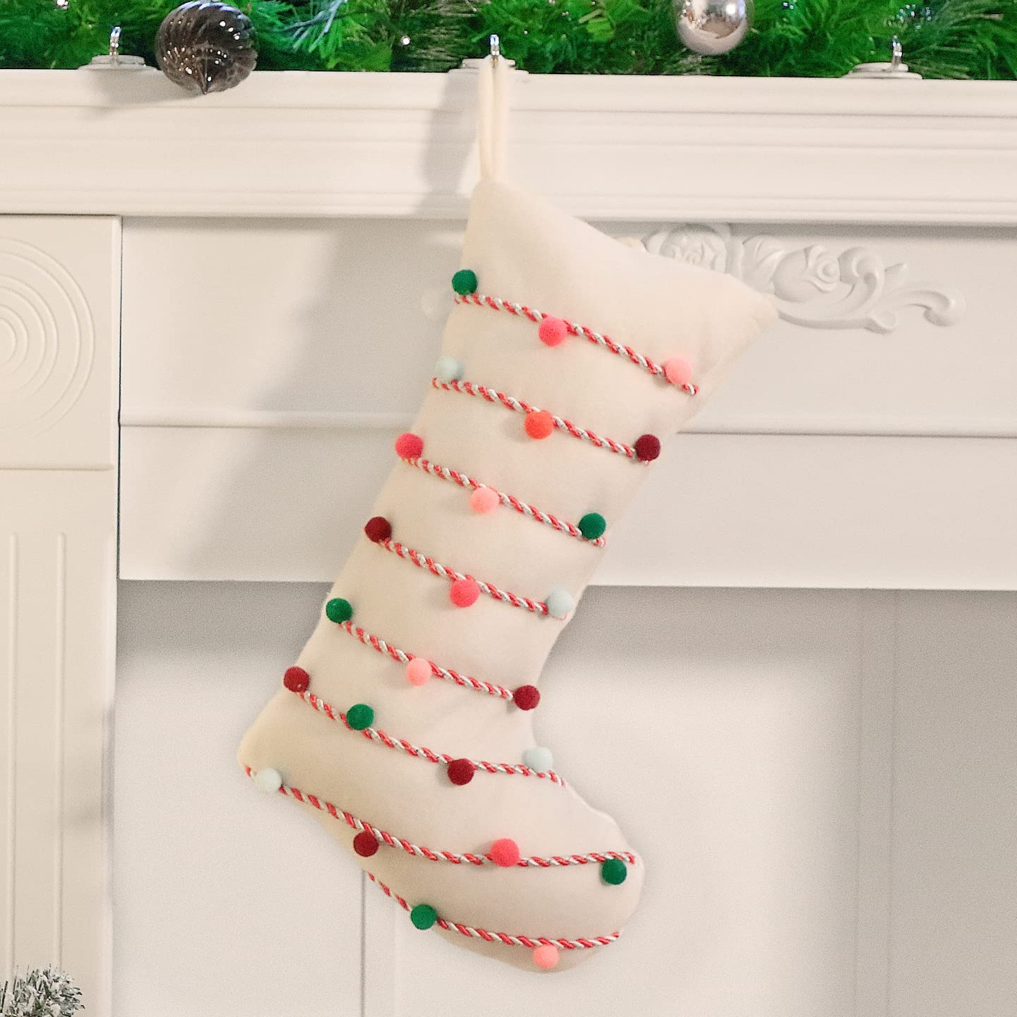 Hopearl Pom Pom Christmas Stocking Boho Style Socks Ultra Soft Holders Ornament Luxury Gifts Bags for Family Xmas Tree Party Supplies, Cream, 18''