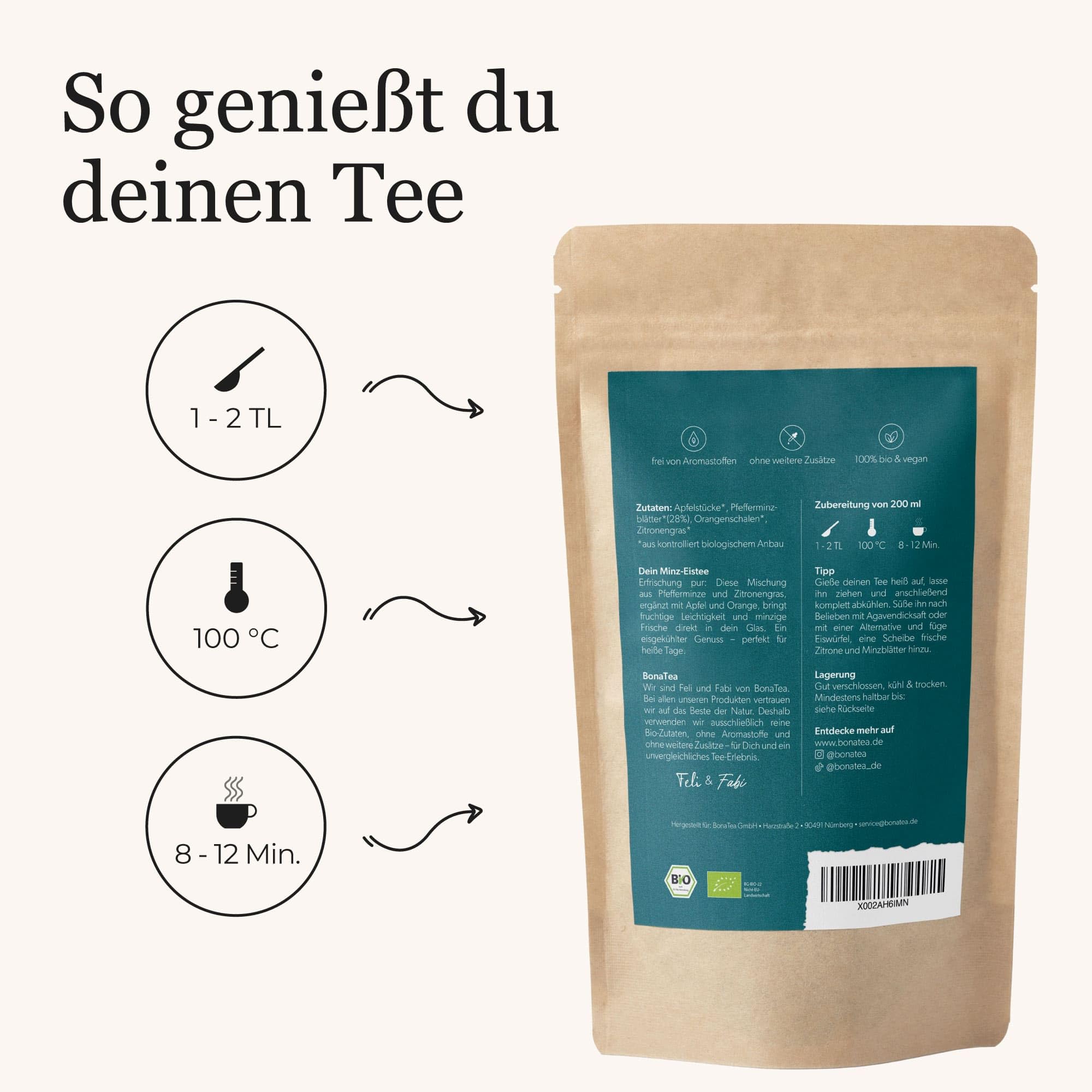 BIO Minz Eistee Lose ohne Aromastoffe, ohne Zucker und ohne Koffein mit natürlicher Minze, Apfel, Orange und Zitronengras 100g 6