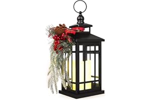 Metal Christmas Vintage Candle Lanterns with Led Light,Red Ribbon Decorative Hanging Lantern for Indoor Outdoor Decorations Party Gift, Christmas Porch Decor, WOKEISE